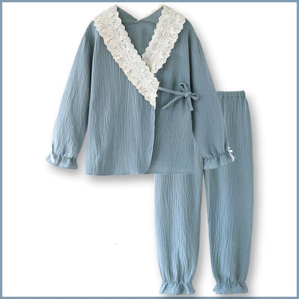 

women's sleepwear lace homewear sweet princess kimono cotton pajamas women set full sleeve shirt pant kpacotakowka cute studen, Black;red