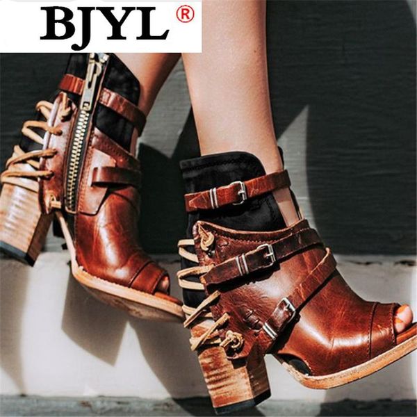 

boots 2021 fashion rome ankle vintage leather casual high heels women's buckle zipper peep toe summer shoes for women, Black
