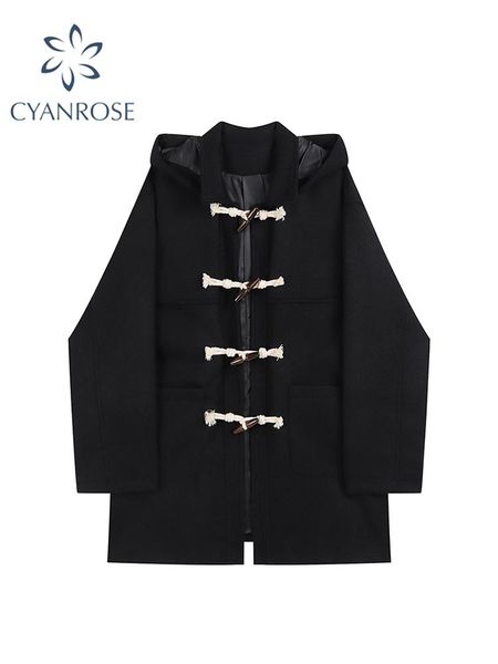 

women's wool & blends 2021 winter korea style fashion vintage woolen overcoat warm outerwear women long sleeve horn button pockets loos, Black