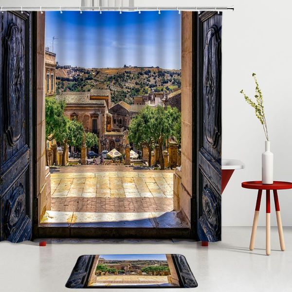 

shower curtains architectural landscape set green plants retro design bath mats bathroom kitchen screens entrance door mat