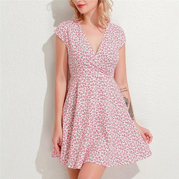 

casual dresses ladies elegant printed floral dress deep v-neck vestidos fashion mini slim high waist for female, Black;gray