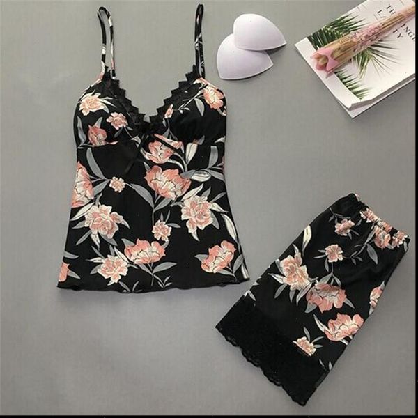 

summer sleeping suits womens sleepwears v neck tank shorts clothing sets lounge set female 2pcs floral sleepwear, Black;red