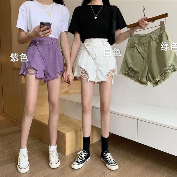 

women's jeans summer girls short denim pants purple green white worn out wash bias button women, Blue