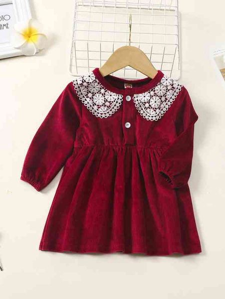 

baby guipure lace insert peter-pan collar velvet dress she, Red;yellow