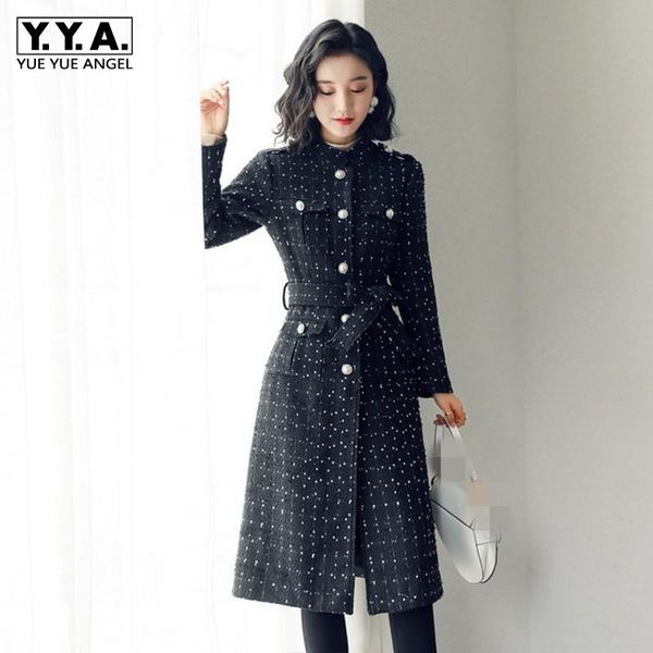 

womens autumn winter sweet long trench coat skirt o-neck sashes pockets spliced tweed vintage fashion woolen outerwear women's coats, Tan;black