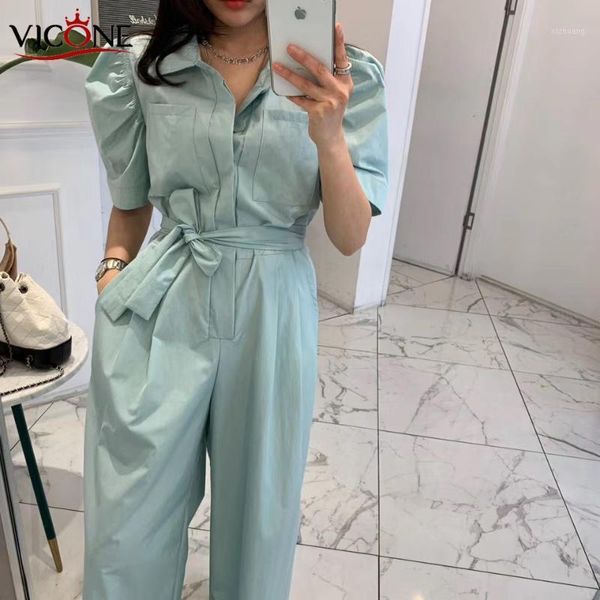 

women's pants & capris vicone 100% cotton jumpsuits 2021 hubble-bubble sleeve with high waist thin, Black;white