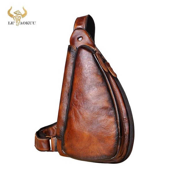 

men genuine real leather casual fashion orange travel triangle chest sling bag design one shoulder cross-body for male 9976 waist bags