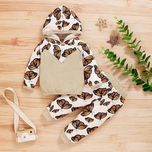

2pcs kid girl boy clothes fashion autumn newborn baby butterfly patchwork hoodie pants set outfits, White
