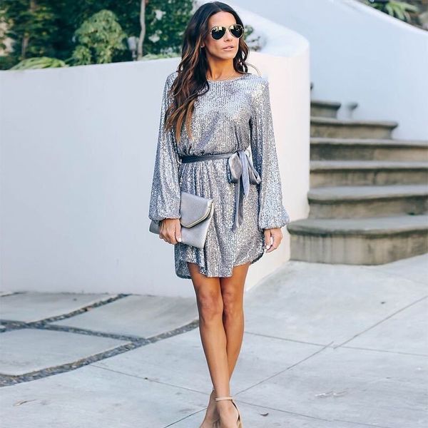 

women's 2021 autumn slim lantern sleeve round neck belt sequin dress women, Black;gray