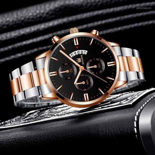 

luxury men gold watch business relogio masculino stainless steel band quartz watches male man fashion date wristwatch wristwatches, Slivery;brown