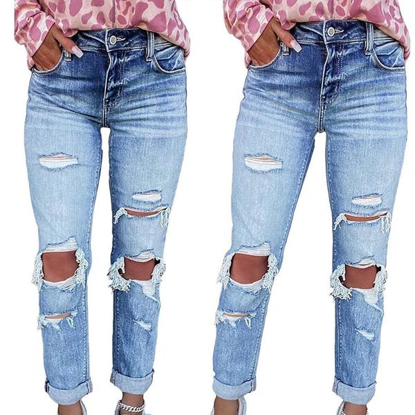

women's jeans women stretchy ripped denim skinny knee hole frayed slim straight trousers, Blue