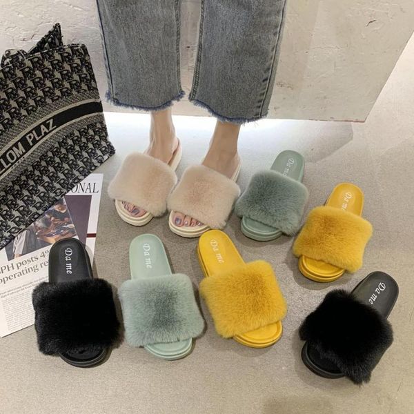 

home slippers summer multicolor woman slip on slides female faux fur large size wholesale femmes women shoes, Black