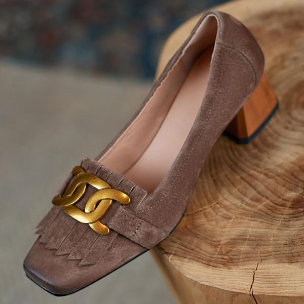 

dress shoes women's natural suede leather thick high heel square toe slip-on pumps fringe chain decoration ol style comfrotable female, Black