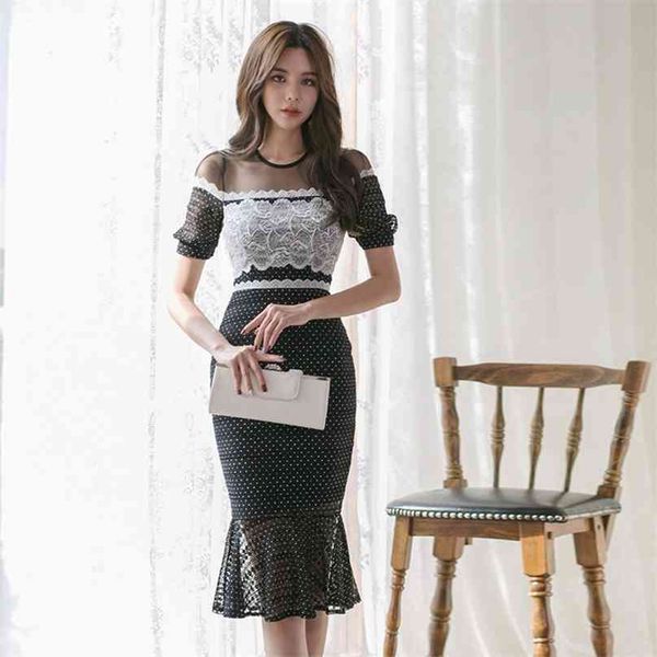 

lace office dress for women summer korea short sleeve crew neck ladies dot formal club midi dresses 210602, Black;gray
