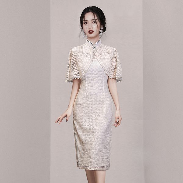 

luxury casual dresses 2021 cheongsam slim lady temperament two-piece set pearl summer drs, Black;gray