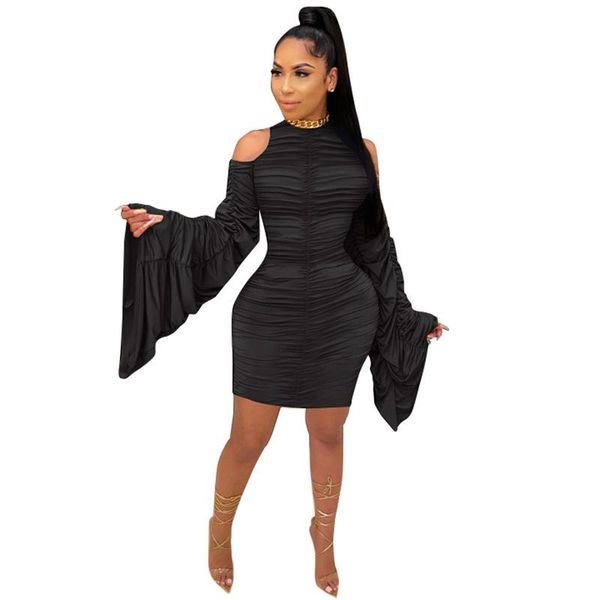 

casual dresses zoctuo solid for women ruched flare long sleeve bodycon dress hollow out shoulder mini stacked club party, Black;gray
