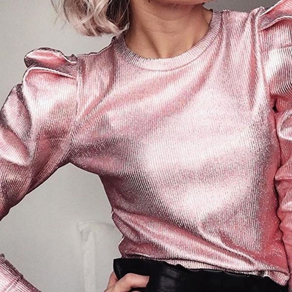 

womens shirts puff shoulder blouse office party lady autumn fashion street wear long sleeve women blouses solid pink female, White
