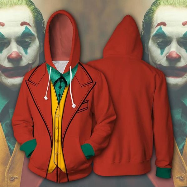 

Men's and women's hooded sweatshirts, 3D clown print, Joaquin Phoenix clown, zipper, fashion casual street cloth, Black