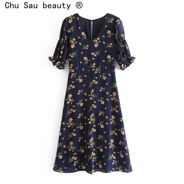 

summer floral print vintage pastoral style v-neck puff sleeve high waist slim split long chiffon midi dress for woman 210508, Black;gray
