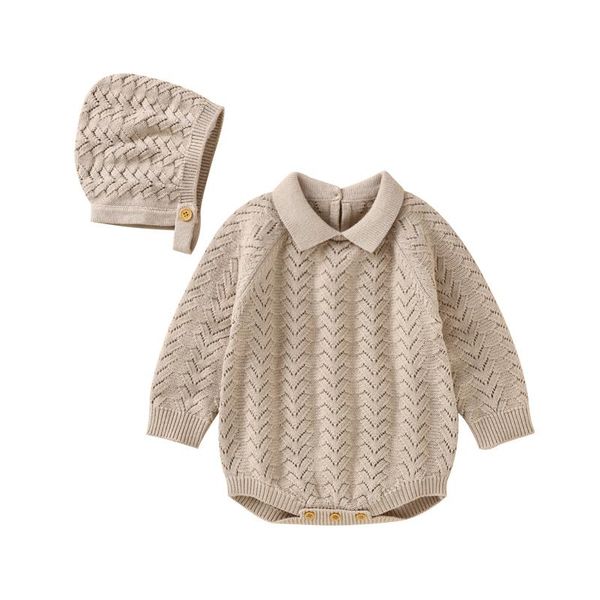 

rompers baby bodysuit cotton knitted born infant playsuit hat long sleeve autumn girls boys child clothing solid button pullover, Blue