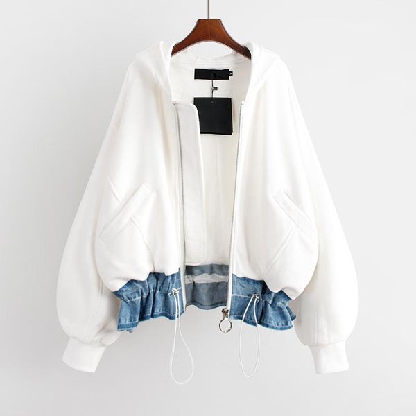 

women's jackets [ewq] 2021 korean loose denim patchwork jacket short autumn hooded baseball lantern sleeve coat female tide 16r238, Black;brown