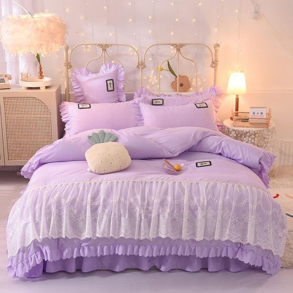 

bedding sets duvet cover set purple girl heart lace 4pcs princess bedspread bed skirt skin-friendly cotton pink  comforter