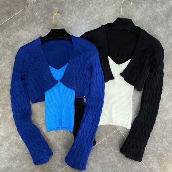 

women's sweaters 2021 autumn arrivals long sleeve v neck fake two piece set knitted women sweater c061, White;black