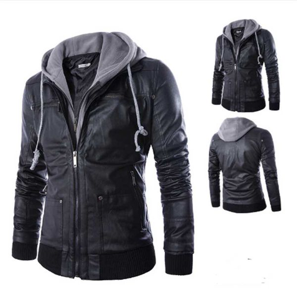

men's jackets fashion autumn winter parka stitching hooded slim fake two-piece motorcycle leather jacket coat outwear, Black;brown