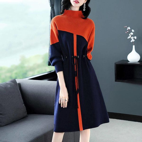 

casual dresses knitted sweater women autumn winter plus size color matching slim long turtleneck dress elegant pullovers h161, Black;gray