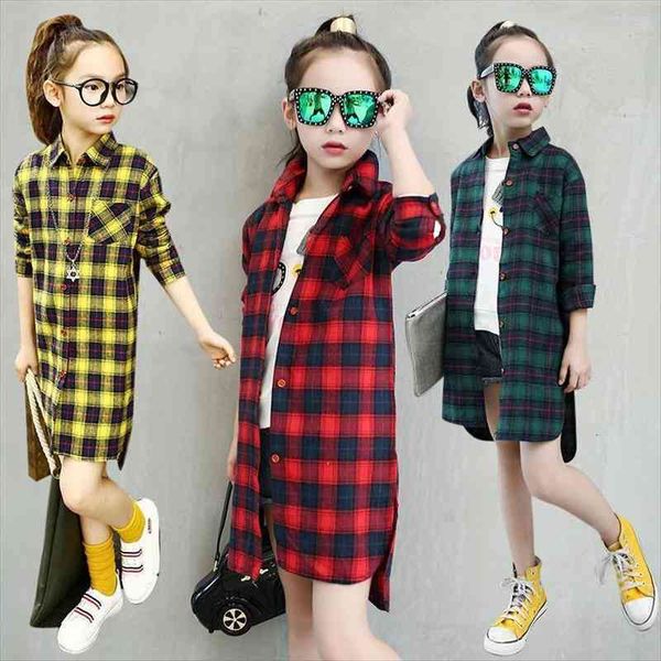 

5-16t autumn girls long plaid shirt girls clothes teenage school girl shirts for children plaid blouse kids clothes, White;black