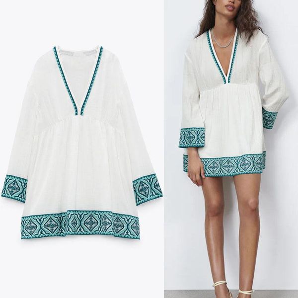 

casual dresses women textured mini embroidery dress 2021 patchwork long puff sleeve vintage loose summer woman pleated white, Black;gray