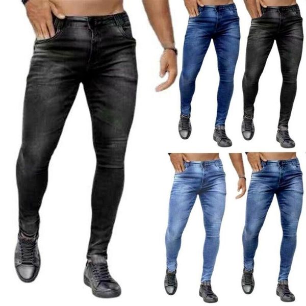 

men's jeans casual slim fitness skinny denim pants tight trousers fashion work, Blue