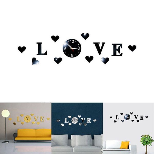 

wall clocks love heart art modern clock diy 3d crystal mirror sticker removable smooth room decoration creative eco-friendly ornaments