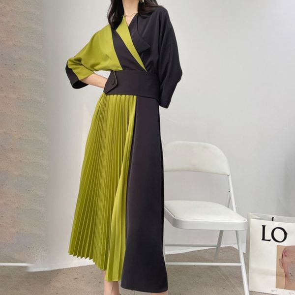 

casual dresses [ewq] korea chic temperament trendy women lapel stitching contrast color waist loose fashion pleated dress summer 16e1088 txq, Black;gray