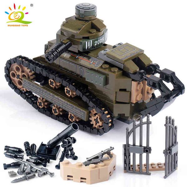 Huiqibao 368 pcs WW2 RENAULT FT17 Tanque Militar Building Blocks Army Soldier Arma Figuras Homem Brinquedos Brinquedos Para Crianças Meninos Y1130