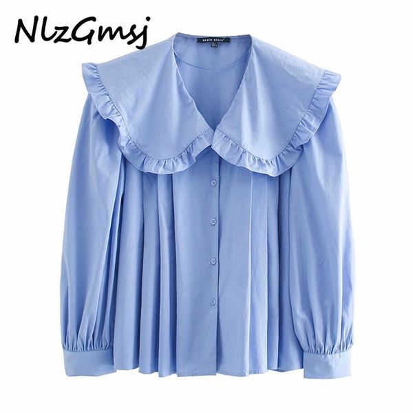 

women fashion with peter pan collar ruffled blouses vintage long sleeve button-up female shirts chic 210628, White
