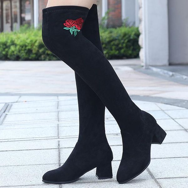 

boots shoes woman fashion women's over-knee bare square high heel round toe casual long tube booties, Black