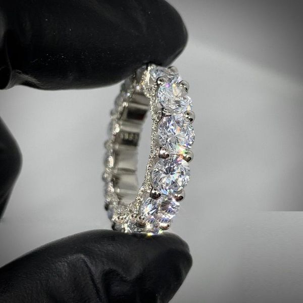 

wedding rings iced out bling full cz paved 5mm cubic zirconia eternity band ring white pink finger engagement, Slivery;golden