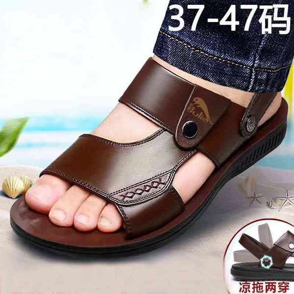 

size 38-47 man sandals 2021 summer beach genuine leather men designer shoes open zapatos de hombre b1471, Black