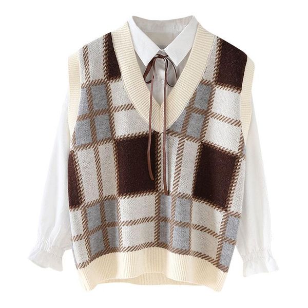 

striped plaid knit pullover women vest coat 2021 vintage loose soft sleeveless sweater autumn casual tank female women's vests, Black;white