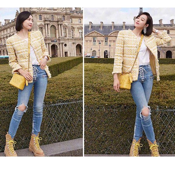 

women's jackets yellow autumn women coat classic short tweed jacket fringed long sleeved side pockets veste femme, Black;brown