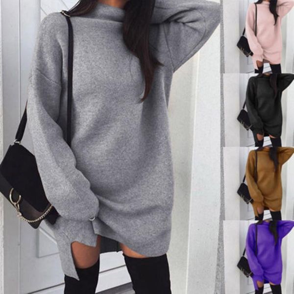 

women long sweatshirt dress autumn winter warm sleeve turtleneck slit pullover casual solid loose dresses jumper women's hoodies & swea, Black