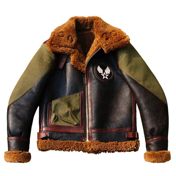 

men's jackets cdb3-3 european us size super warm genuine sheep leather coat mens big b3 shearling bomber merino fur jacket, Black;brown
