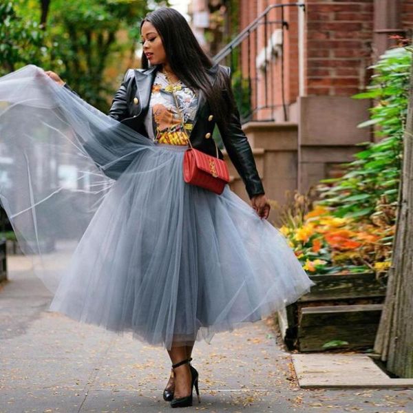 

skirts fashion simple gray a-line tulle women 2021 plus size puffy ankle length elastic skirt custom made female, Black
