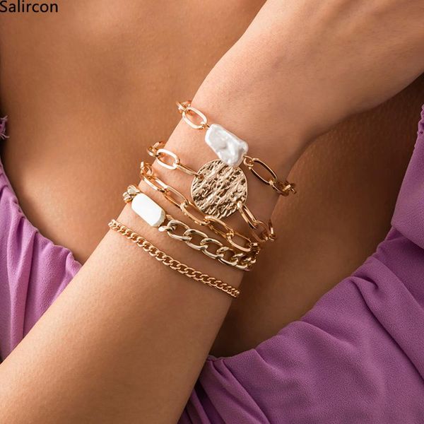 

link, chain punk multi layer link bracelets for women fashion geometric round bangles baroque simulated pearls jewelry gifts, Black