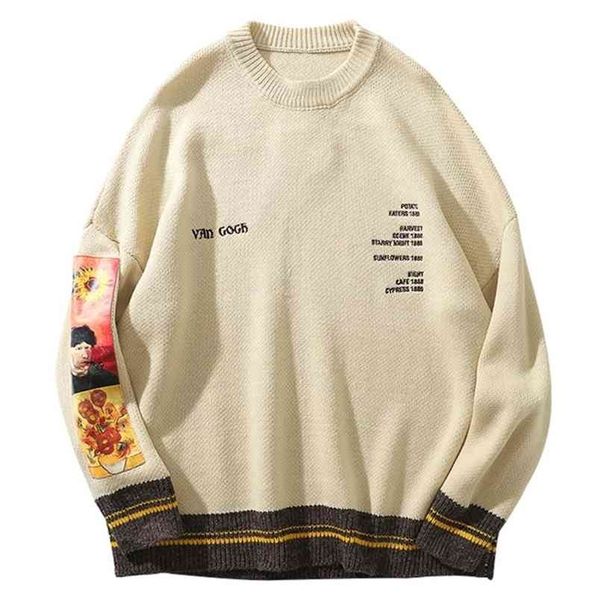 Lacible Hip Hop Sweater Pullover Homens Van Gogh Pintura Bordado de malha Harajuku Streetwear Tops Casual 210812