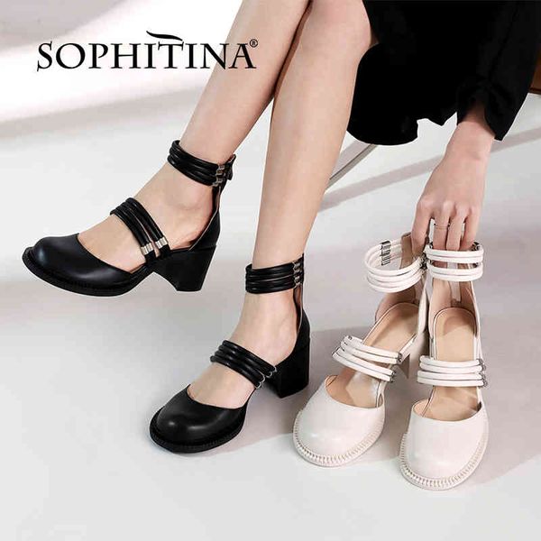 Sophitina retro sapatos de couro genuíno mulheres mid saltos mary janes banda estreita vestir confortável zip verão bombas de primavera fo327 210513