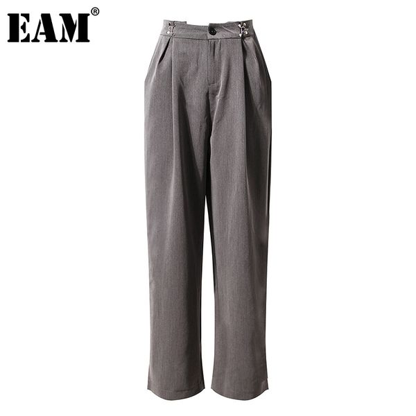 

[eam] high waist gray metal buckle decoration long casual trousers loose pants women fashion spring autumn 1dd6949 210512, Black;white