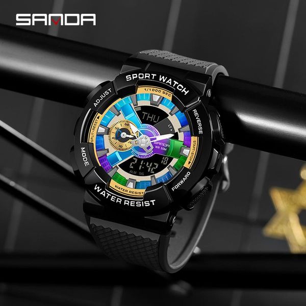 

wristwatches sanda sports men's watch unique multi-function dual display led digital and women's electronic waterproof 9004, Slivery;brown