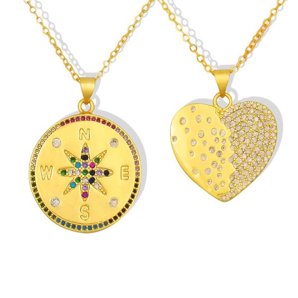

chokers multicolor cubic zirconia cz sun compass pendant necklace with chain luxuxy fashion jewelry for women heart, Golden;silver